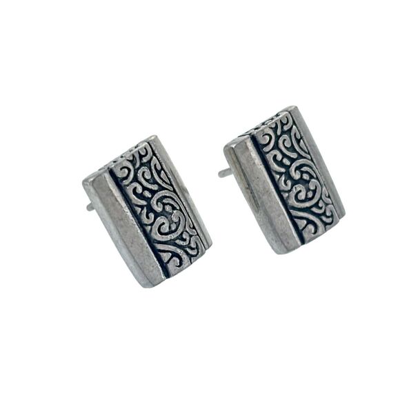 Vintage MD Sterling Silver 925 Rectangle Oxidized Scroll Design Pierced Earrings - Picture 2 of 6